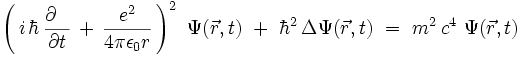  \left( \, i \, \hbar \, \frac{\partial ∼∼}{\partial t} \, + \, \frac{eˆ2}{4 \pi \epsilon_0 r} \, \right)ˆ2 \ \Psi(\vec{r},t)  \ + \  \hbarˆ2 \, \Delta \Psi(\vec{r},t) \ = \ mˆ2 \, cˆ4 \ \Psi(\vec{r},t) 