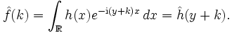 \hat f(k)=\int_\R h(x)eˆ{-\mathrm{i}(y+k)x}\, dx=\hat h(y+k).