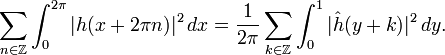 \sum_{n\in \Z} \int_0ˆ{2\pi} |h(x+2\pi n)|ˆ2\, dx=\frac{1}{2\pi}\sum_{k\in\Z}\int_0ˆ1|\hat h(y+k)|ˆ2\, dy.