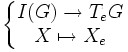 \left\{\begin{matrix} I(G) \rightarrow T_eG \\ X \mapsto X_e \end{matrix}\right.