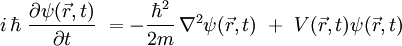 \ i \, \hbar \ \frac{\partial \psi(\vec{r},t) }{\partial t}\  = -\frac{\hbarˆ2}{2m} \, \nabla ˆ2 \psi(\vec{r},t) \ + \ V(\vec{r},t) \psi(\vec{r},t)\,  \  