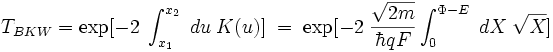T_{BKW}=\exp[-2\;\int_{x_1}ˆ{x_2}\;du\;\Kappa(u)]\;=\;\exp[-2\;\frac{\sqrt{2m}}{\hbar qF}\int_{0}ˆ{\Phi-E}\;dX\;\sqrt{X}]