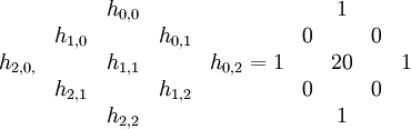 \begin{matrix}
&&h_{0,0}&& \\
&h_{1,0}& &h_{0,1}& \\
h_{2,0,}&&h_{1,1}&&h_{0,2} \\
&h_{2,1}& &h_{1,2}& \\
&&h_{2,2}&& \\
\end{matrix}
=
\begin{matrix}
&&1&& \\
&0& &0& \\
1&&20&&1 \\
&0& &0& \\
&&1&& \\
\end{matrix}
