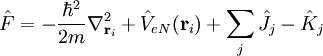  \hat F = -\frac{\hbarˆ2}{2m}\nablaˆ2_{\mathbf r_i} + \hat V_{eN}(\mathbf r_i) + \sum\limits_j \hat J_j - \hat K_j 
